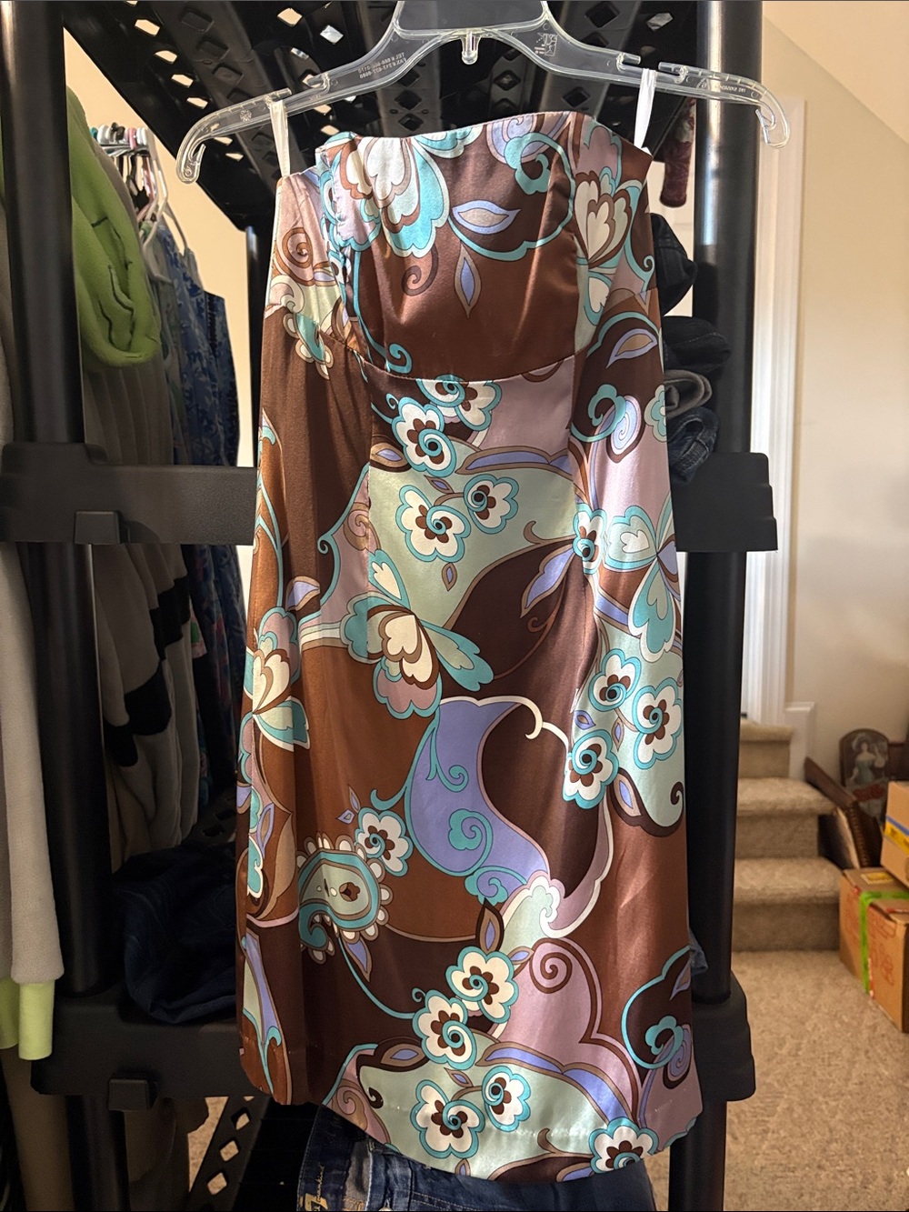Vintage Y2K Purple Brown Paisley‎ Strapless Cocktail Dress Chic